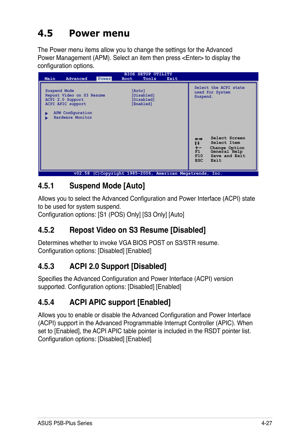 5 power menu, 1 suspend mode [auto, 2 repost video on s3 resume [disabled | 3 acpi 2.0 support [disabled, 4 acpi apic support [enabled | Asus P5B-Plus VISTA Edition User Manual | Page 97 / 172