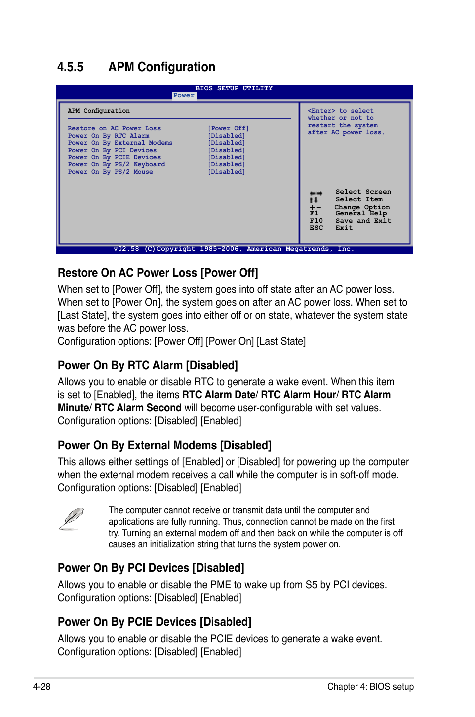 5 apm configuration, Restore on ac power loss [power off, Power on by rtc alarm [disabled | Power on by external modems [disabled, Power on by pci devices [disabled, Power on by pcie devices [disabled | Asus P5B-Plus VISTA Edition User Manual | Page 98 / 172