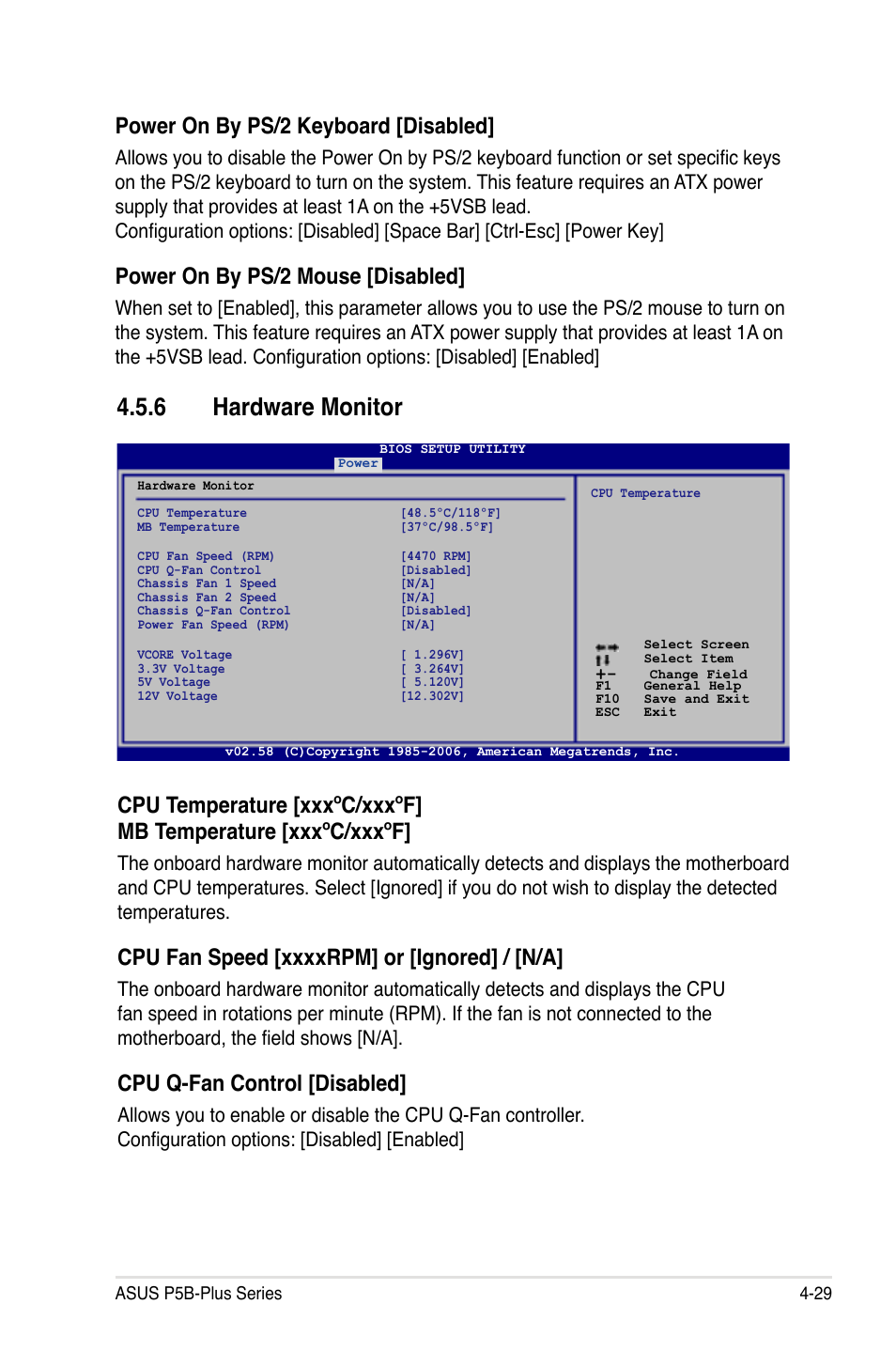 6 hardware monitor, Power on by ps/2 keyboard [disabled, Power on by ps/2 mouse [disabled | Cpu q-fan control [disabled | Asus P5B-Plus VISTA Edition User Manual | Page 99 / 172