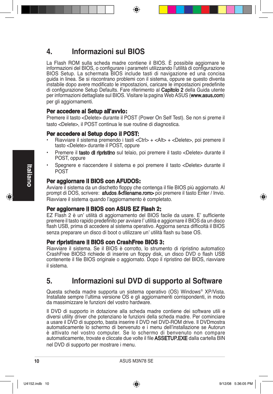 Informazioni sul bios, Informazioni sul dvd di supporto al software, Italiano | Asus M3N78 SE User Manual | Page 10 / 38