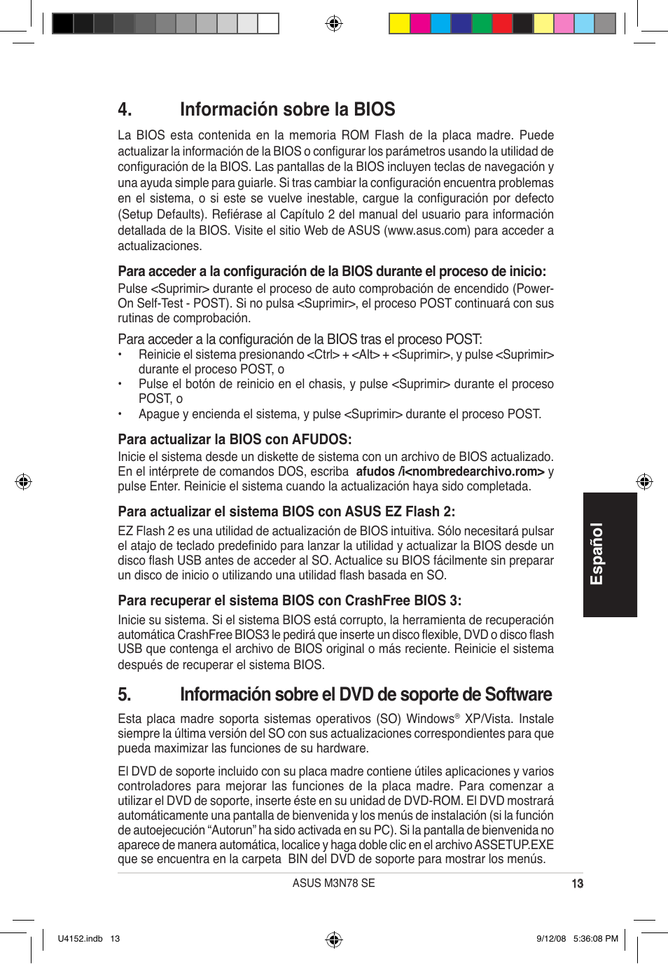 Información sobre la bios, Información sobre el dvd de soporte de software, Español | Asus M3N78 SE User Manual | Page 13 / 38