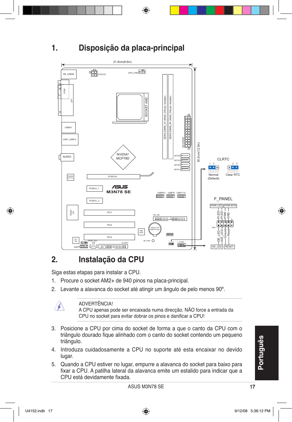 Disposição da placa-principal 2. instalação da cpu, Português | Asus M3N78 SE User Manual | Page 17 / 38