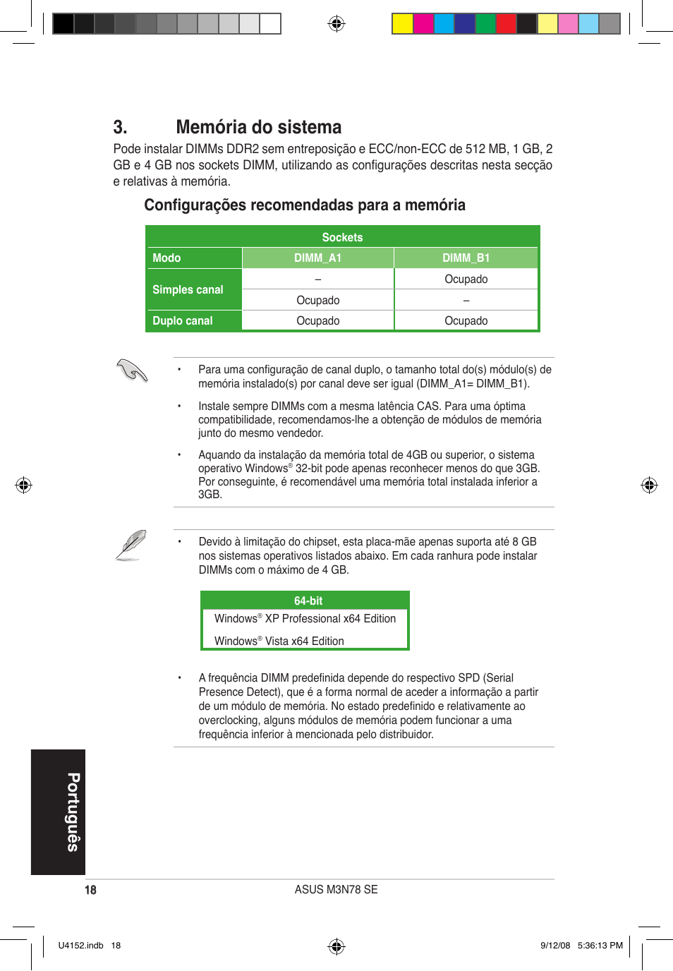 Memória do sistema, Português, Configurações recomendadas para a memória | Asus M3N78 SE User Manual | Page 18 / 38