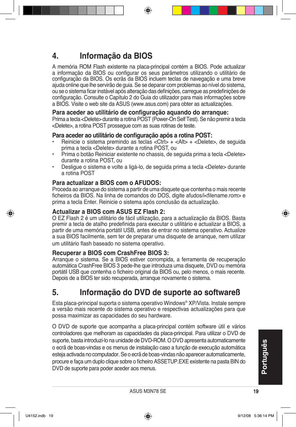 Informação da bios, Informação do dvd de suporte ao softwareß, Português | Asus M3N78 SE User Manual | Page 19 / 38