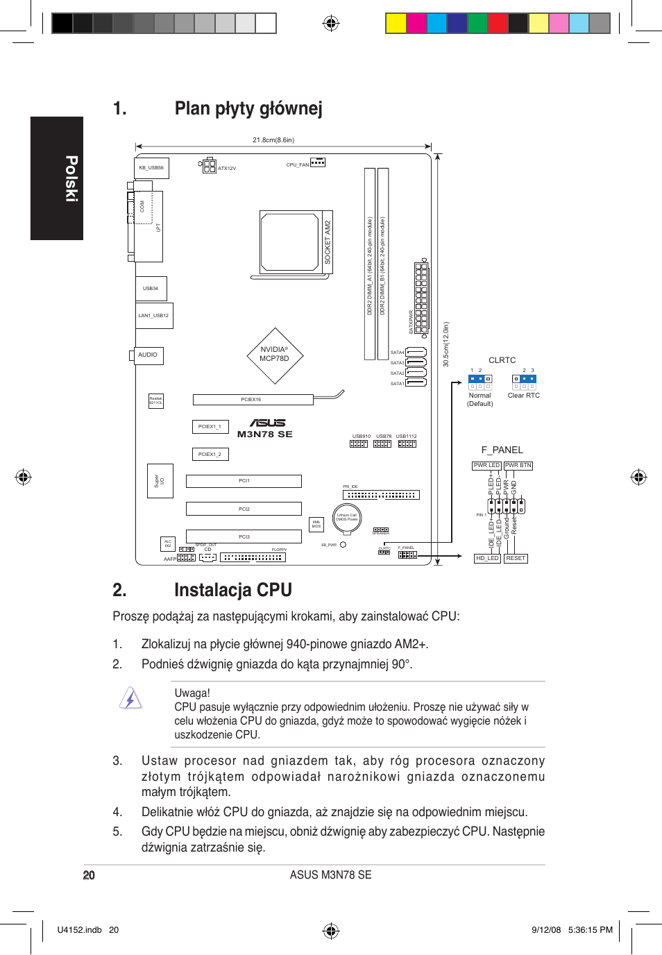 Plan płyty głównej 2. instalacja cpu, Polski | Asus M3N78 SE User Manual | Page 20 / 38