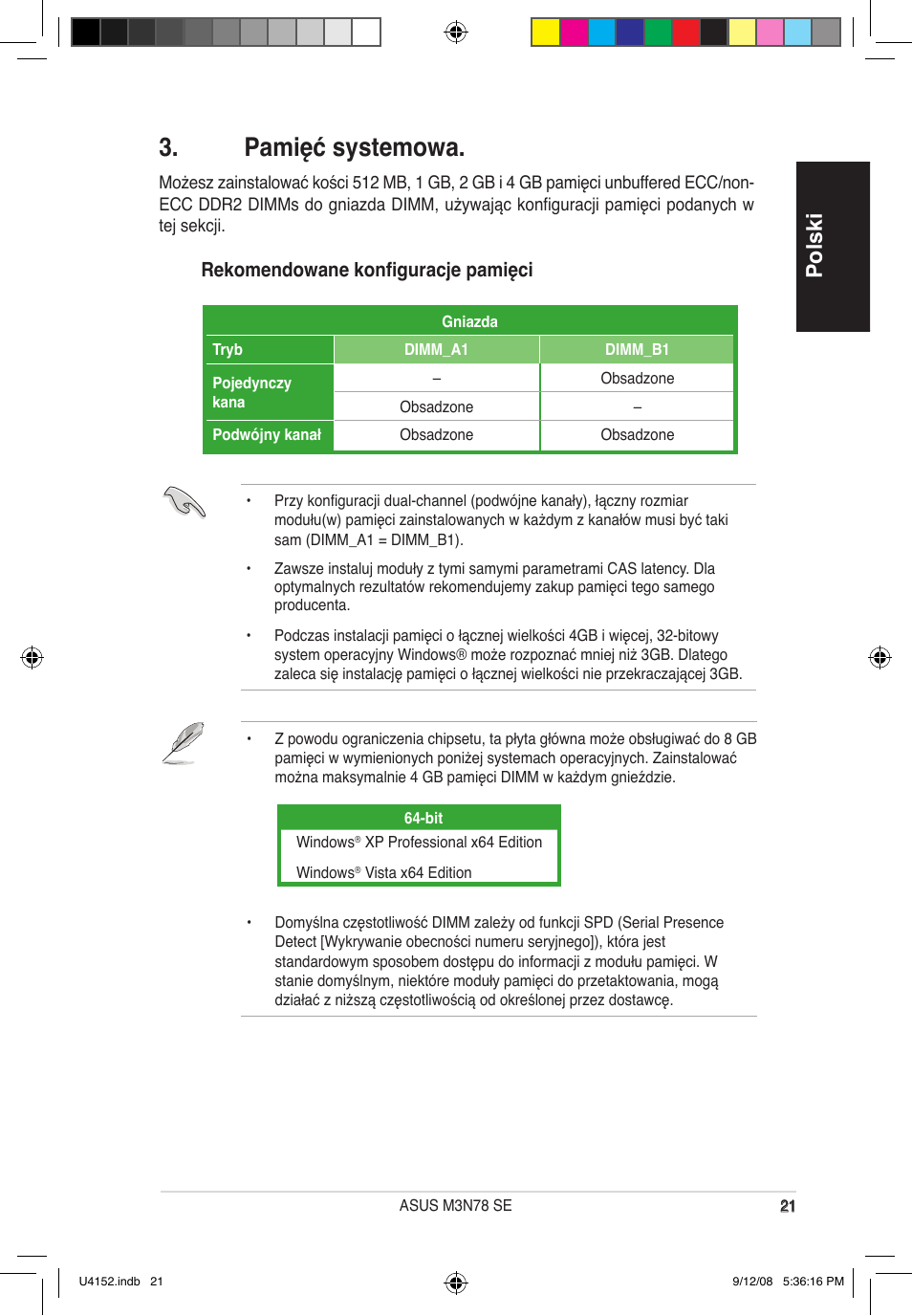 Pamięć systemowa, Polski, Rekomendowane konfiguracje pamięci | Asus M3N78 SE User Manual | Page 21 / 38