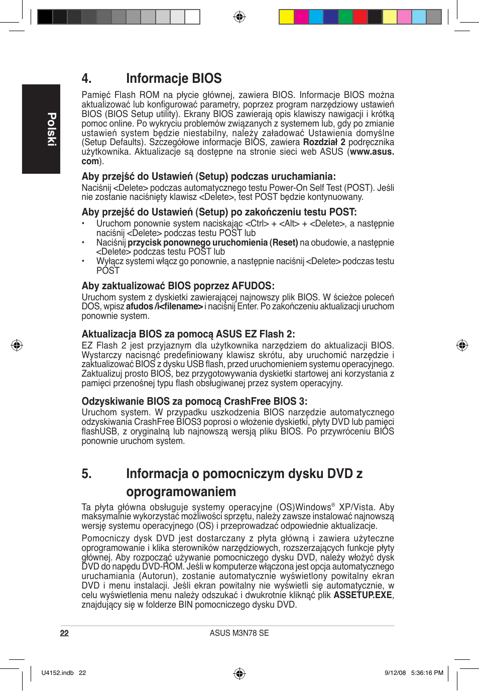 Informacje bios, Polski | Asus M3N78 SE User Manual | Page 22 / 38