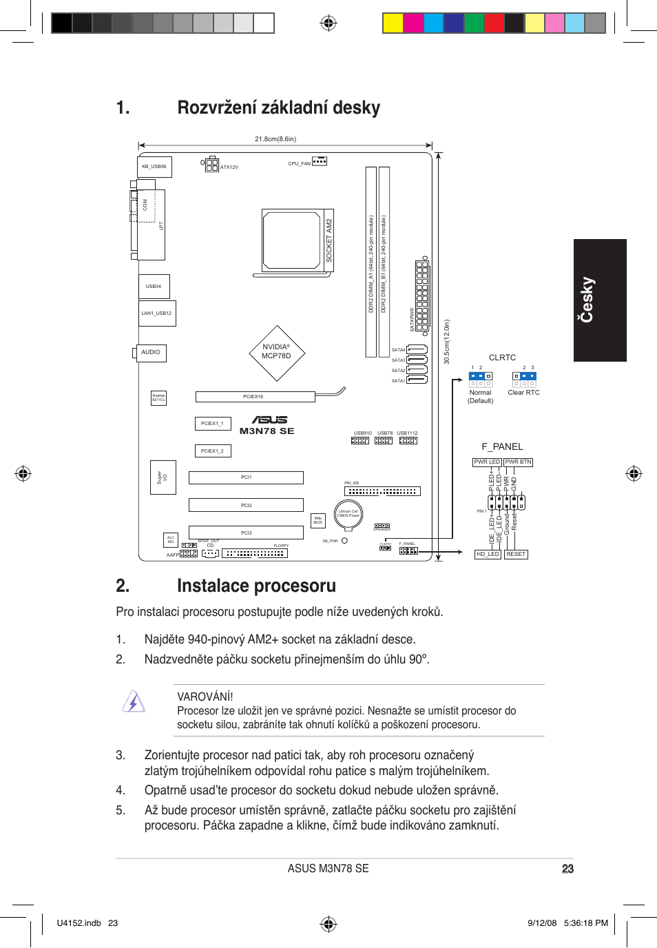 Rozvržení základní desky 2. instalace procesoru, Česky, F_panel | Asus M3N78 SE User Manual | Page 23 / 38