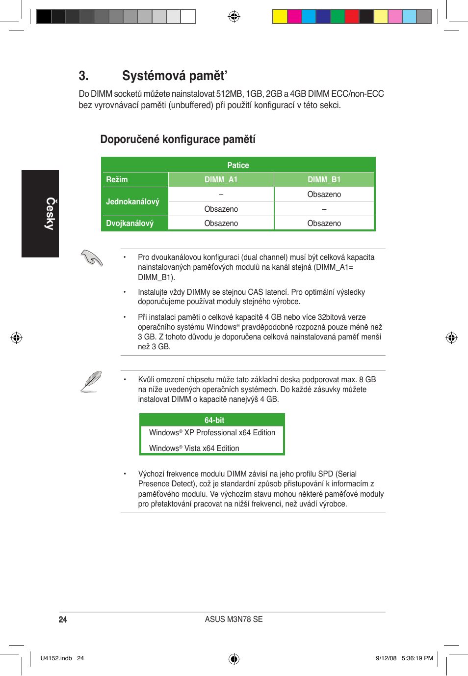 Systémová pamět, Česky, Doporučené konfigurace pamětí | Asus M3N78 SE User Manual | Page 24 / 38