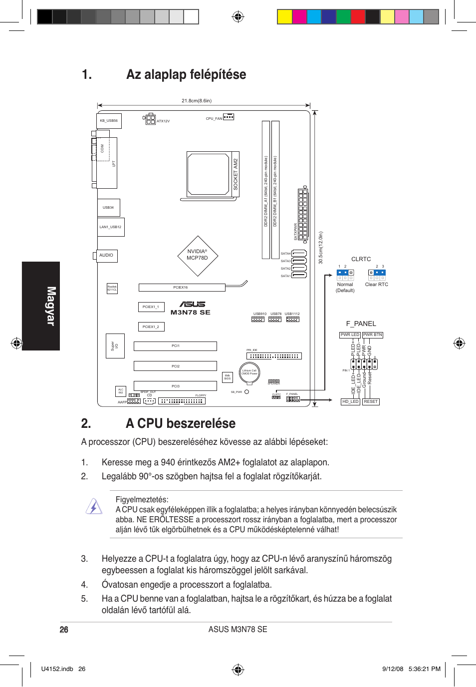 A cpu beszerelése, Az alaplap felépítése, Magyar | F_panel | Asus M3N78 SE User Manual | Page 26 / 38