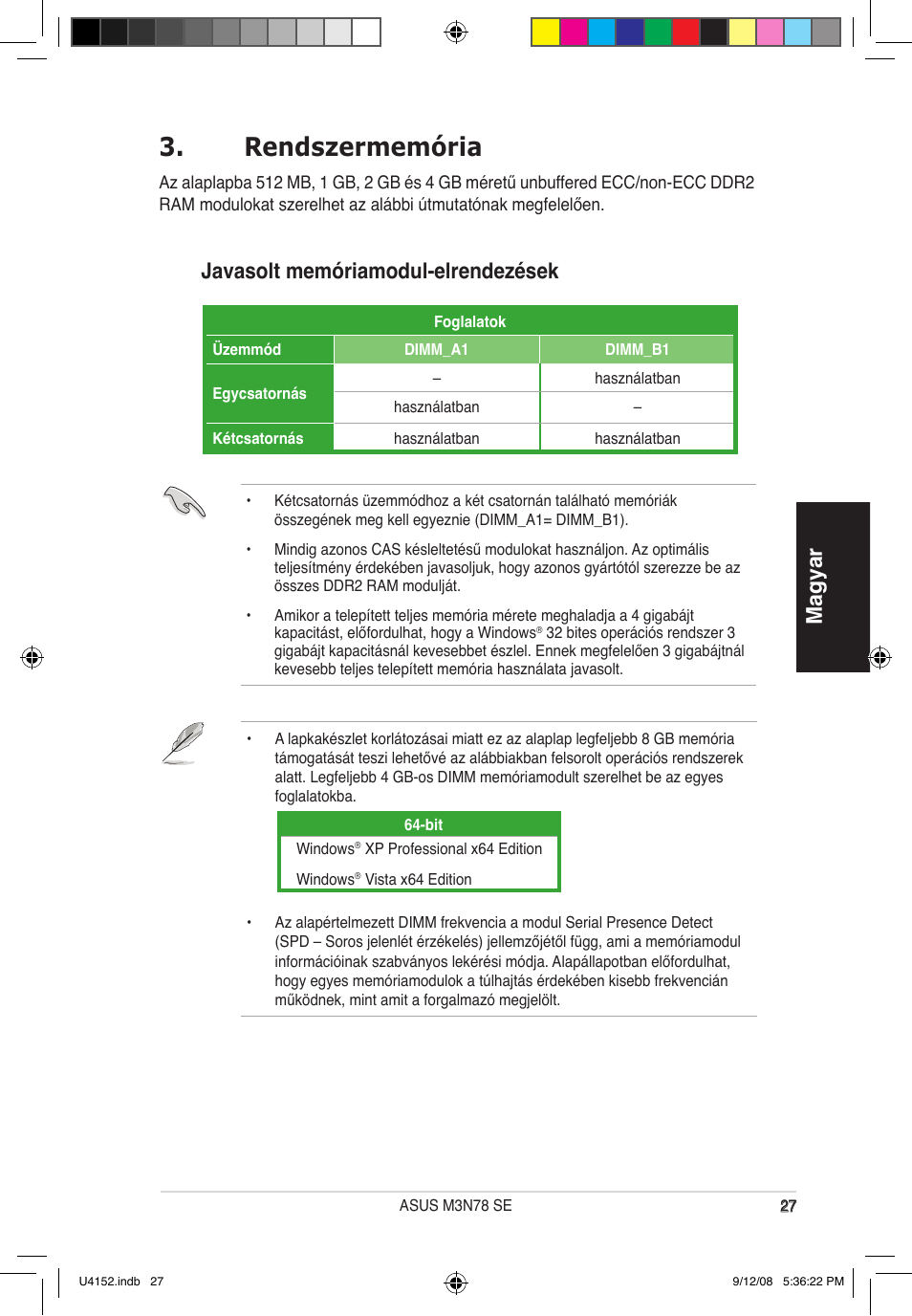 Rendszermemória, Magyar, Javasolt memóriamodul-elrendezések | Asus M3N78 SE User Manual | Page 27 / 38