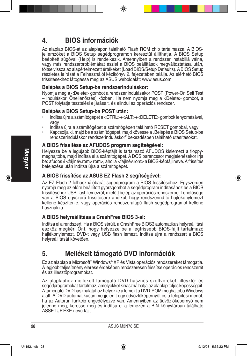 Bios információk, Mellékelt támogató dvd információk, Magyar | Asus M3N78 SE User Manual | Page 28 / 38