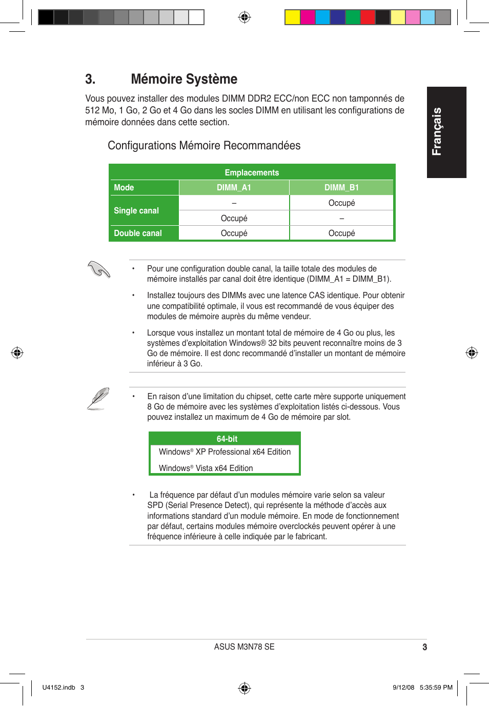 Mémoire système, Français, Configurations mémoire recommandées | Asus M3N78 SE User Manual | Page 3 / 38