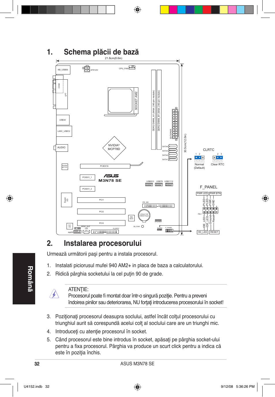 Schema plăcii de bază 2. instalarea procesorului, Română, F_panel | Asus M3N78 SE User Manual | Page 32 / 38