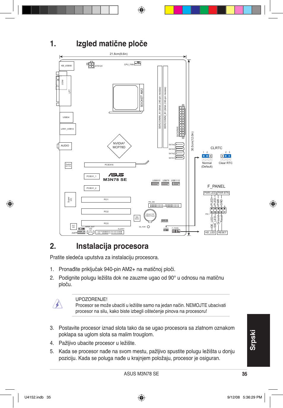 Izgled matične ploče 2. instalacija procesora, Srpski, F_panel | Asus M3N78 SE User Manual | Page 35 / 38