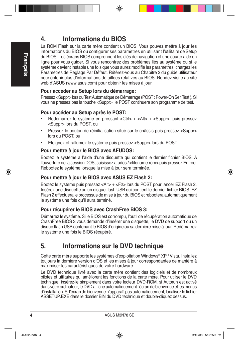 Informations du bios, Informations sur le dvd technique, Français | Asus M3N78 SE User Manual | Page 4 / 38