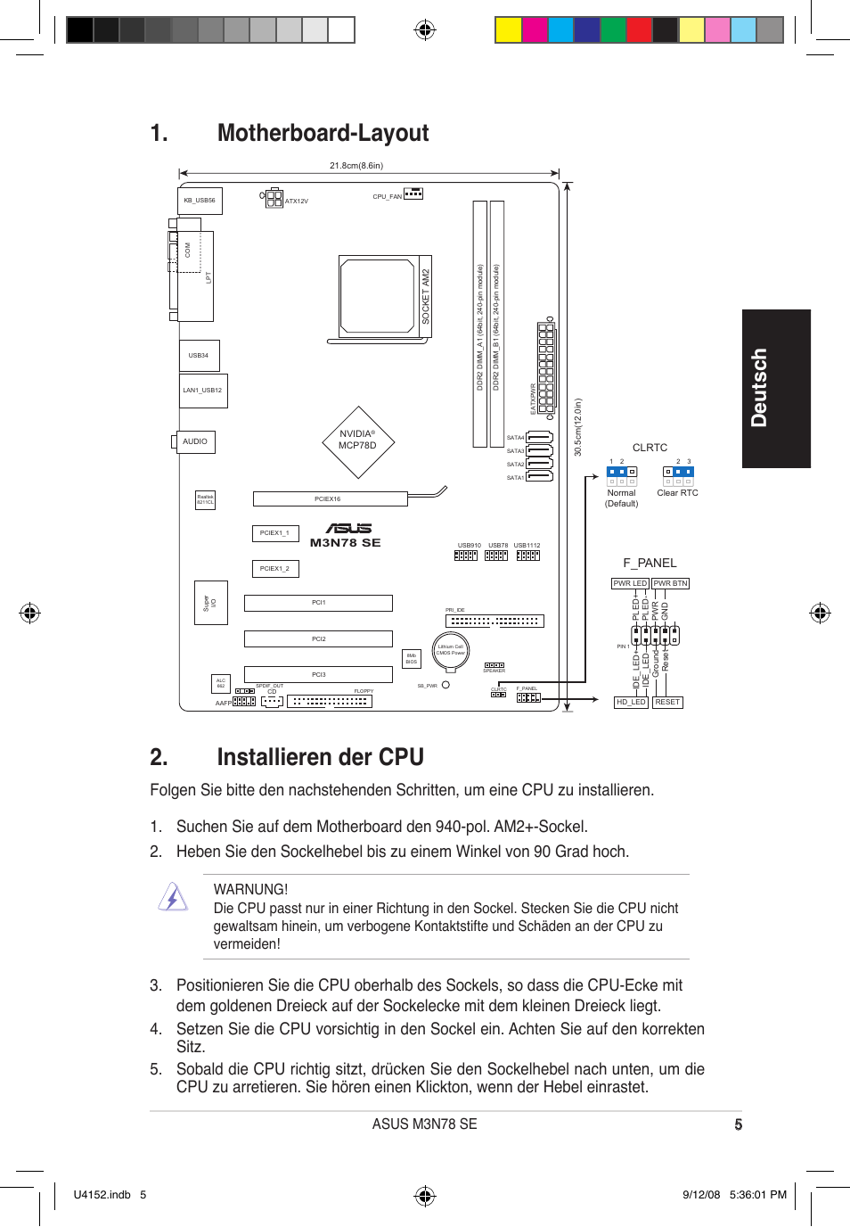 Motherboard-layout 2. installieren der cpu, Deutsch, Asus m3n78 se 5 | Asus M3N78 SE User Manual | Page 5 / 38