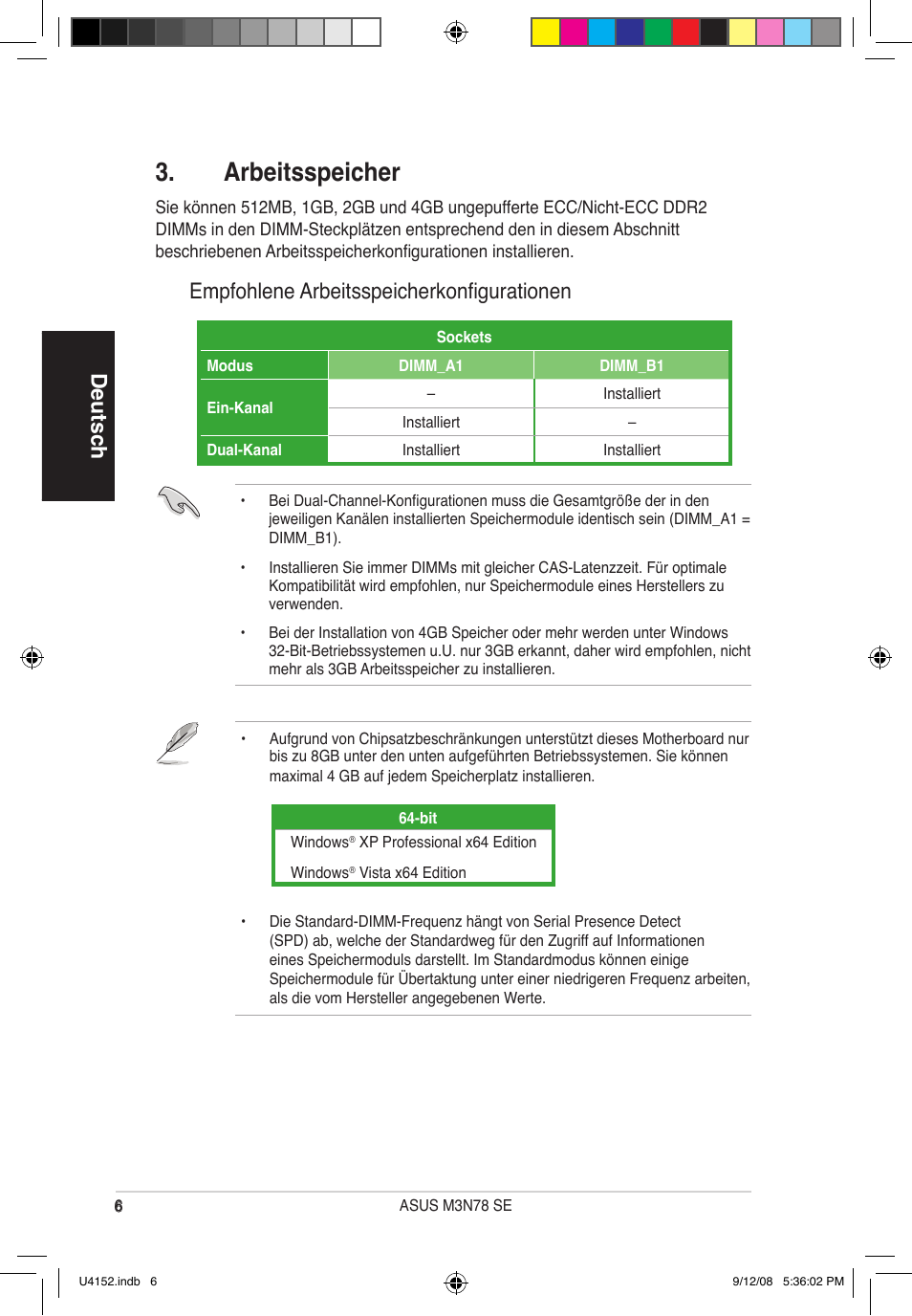 Arbeitsspeicher, Deutsch, Empfohlene arbeitsspeicherkonfigurationen | Asus M3N78 SE User Manual | Page 6 / 38