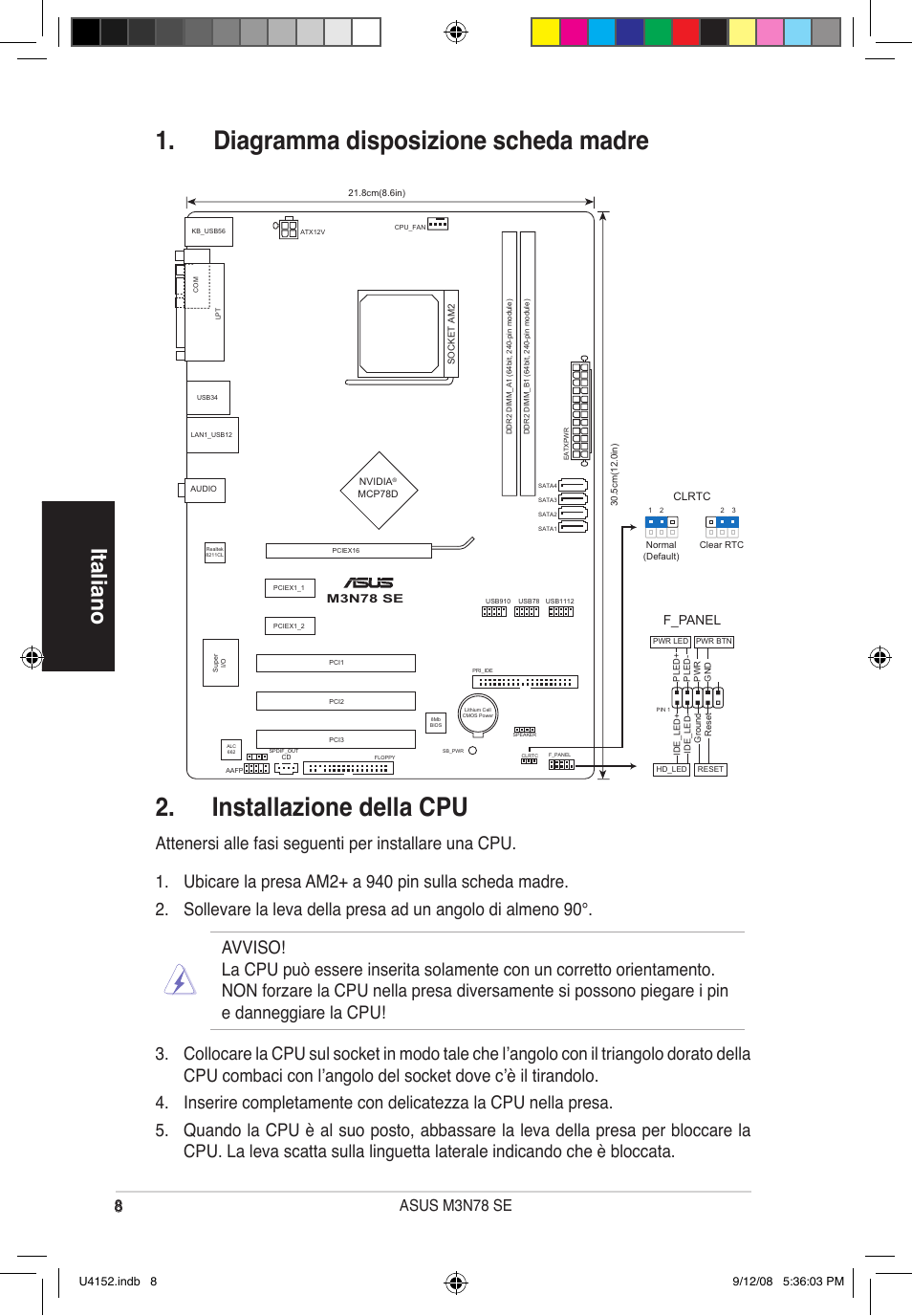 Italiano, 8asus m3n78 se, F_panel | Asus M3N78 SE User Manual | Page 8 / 38