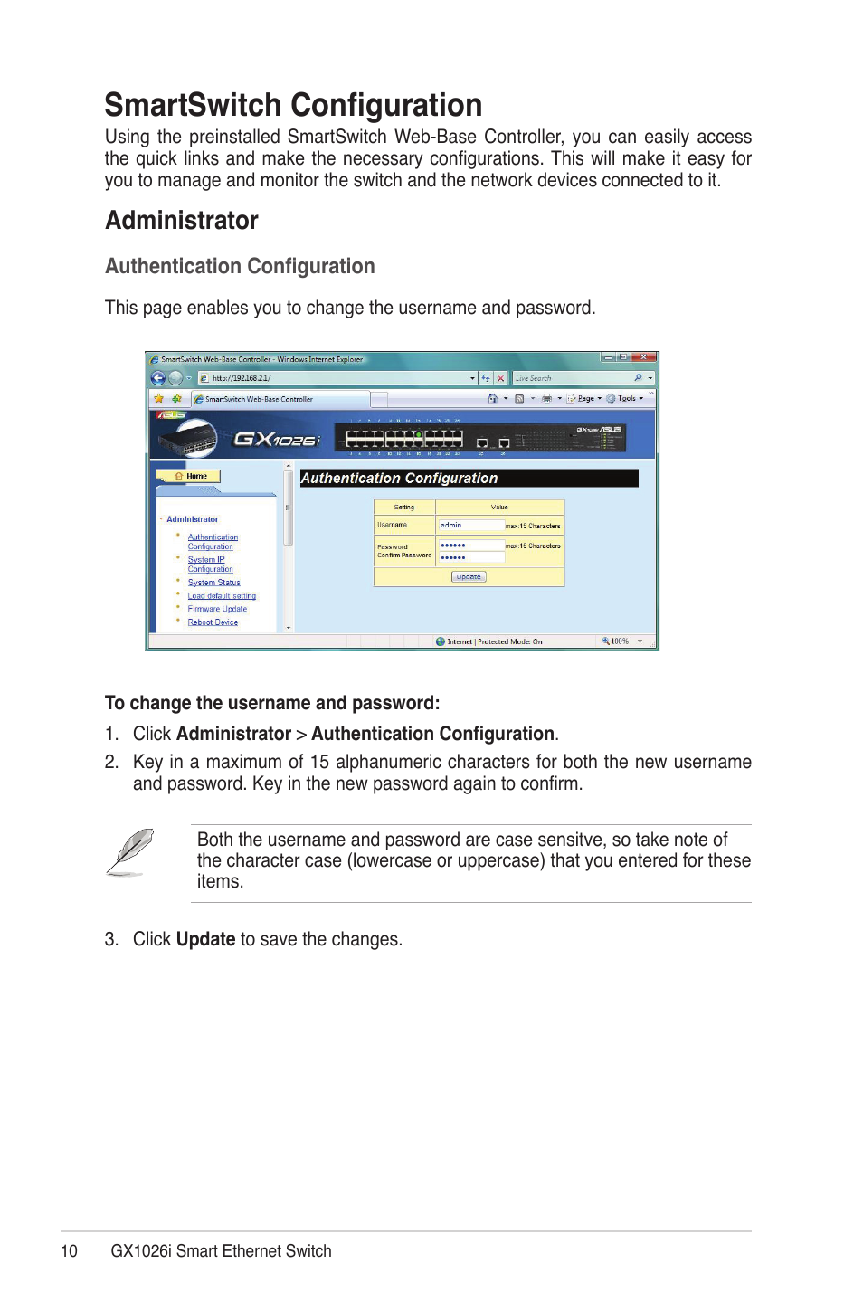 Smartswitch configuration, Administrator | Asus GX1026i User Manual | Page 10 / 26