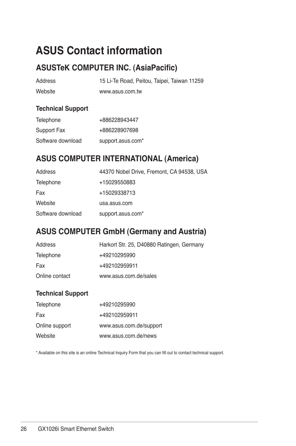 Asus contact information, Asustek computer inc. (asiapacific), Asus computer international (america) | Asus computer gmbh (germany and austria) | Asus GX1026i User Manual | Page 26 / 26