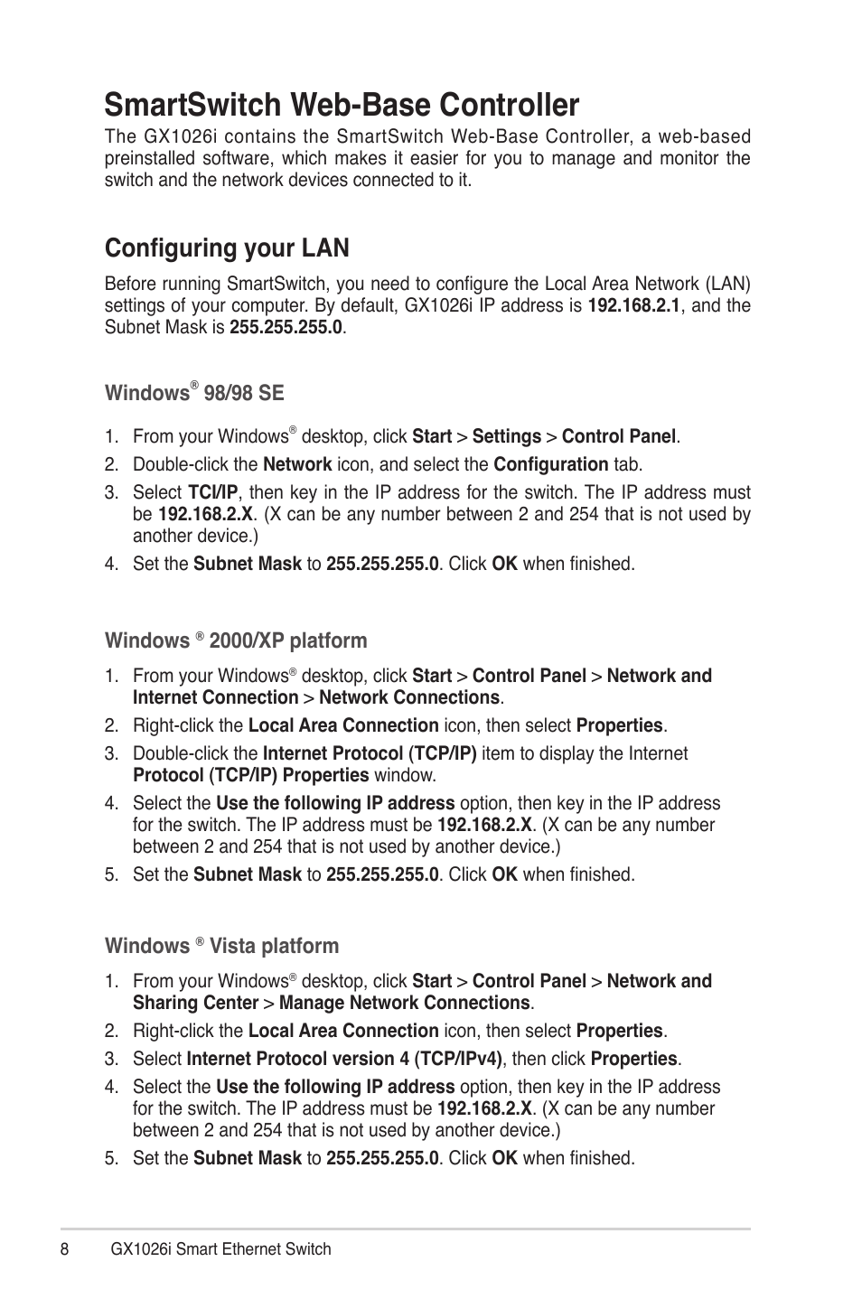 Smartswitch web-base controller, Configuring your lan | Asus GX1026i User Manual | Page 8 / 26