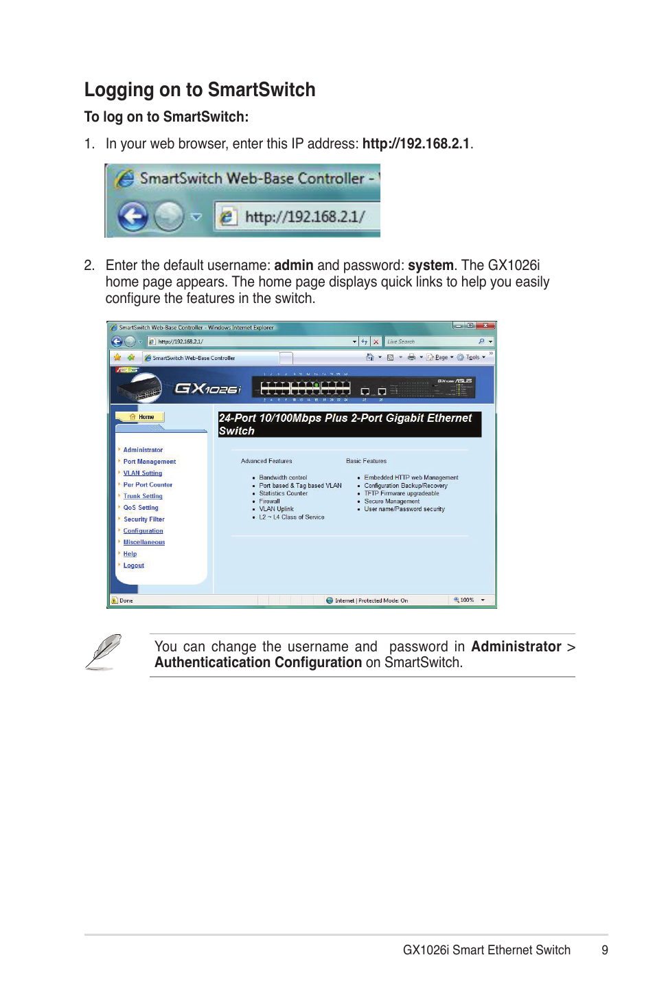 Logging on to smartswitch | Asus GX1026i User Manual | Page 9 / 26