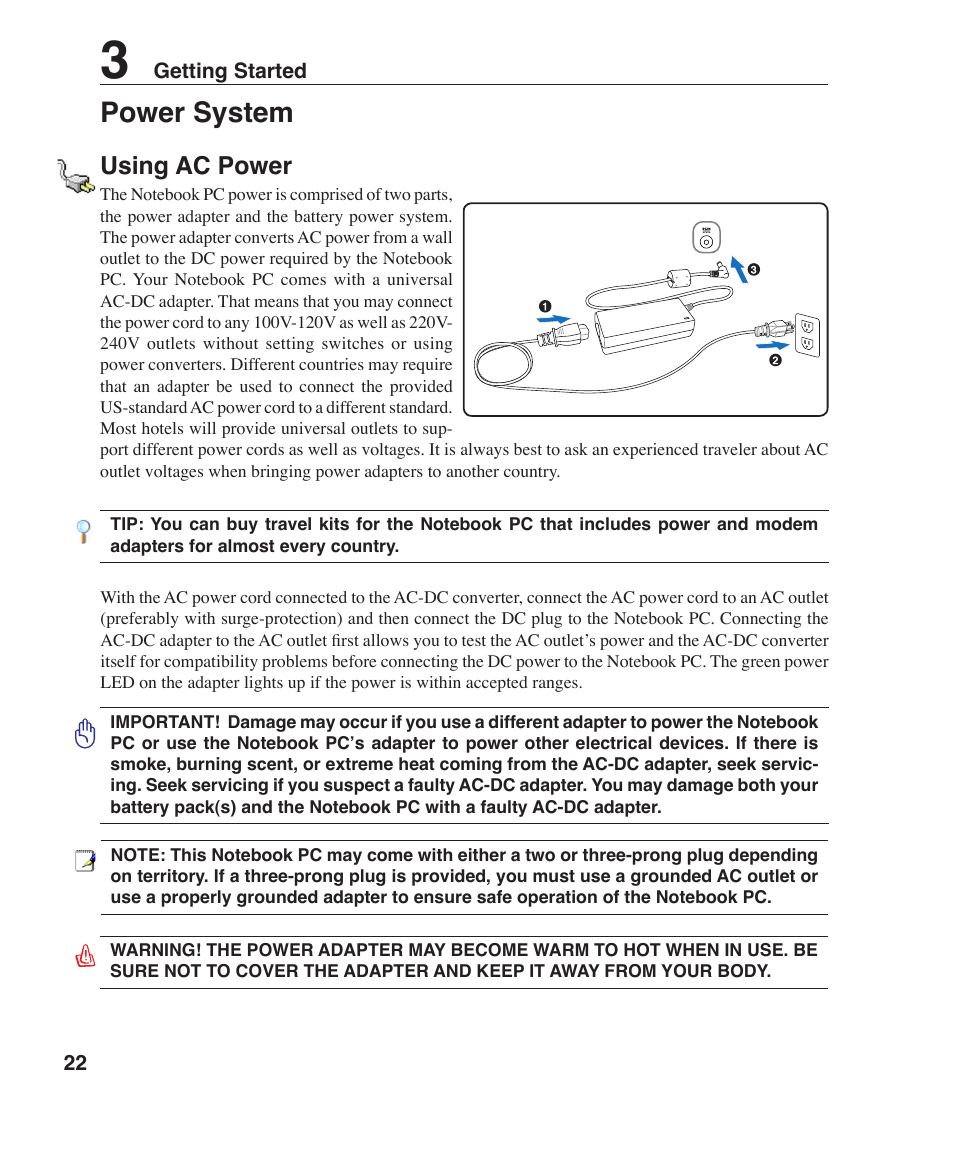 Power system, Using ac power | Asus Z35F User Manual | Page 22 / 69