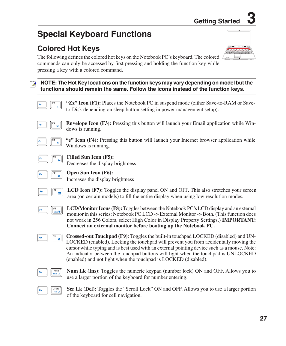 Special keyboard functions, Colored hot keys | Asus Z35F User Manual | Page 27 / 69