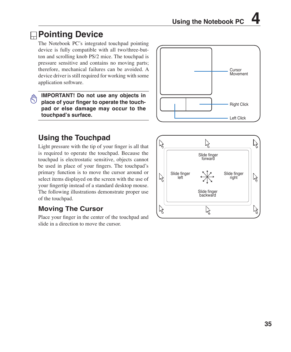 Pointing device, Using the touchpad | Asus Z35F User Manual | Page 35 / 69