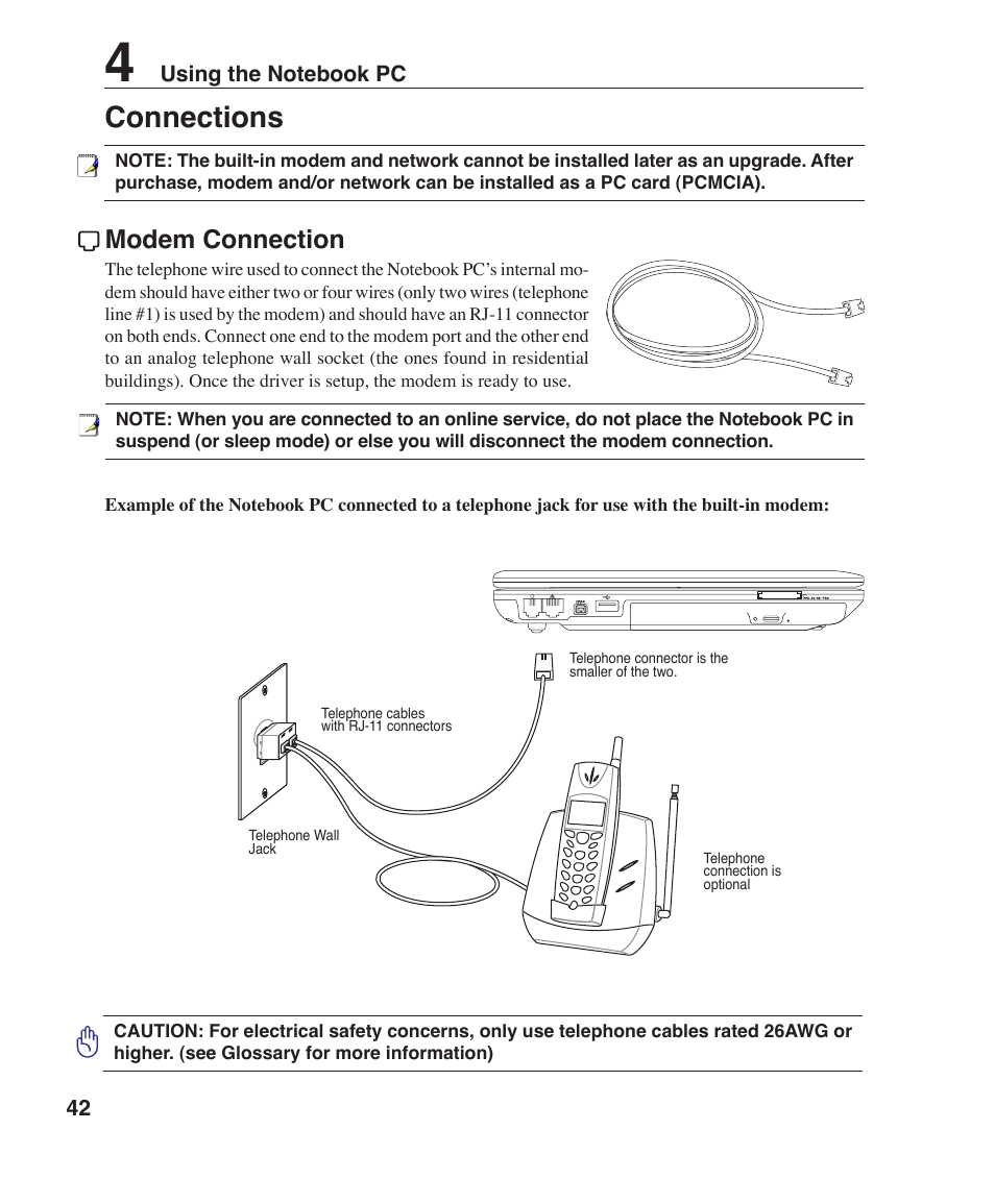 Connections, Modem connection | Asus Z35F User Manual | Page 42 / 69