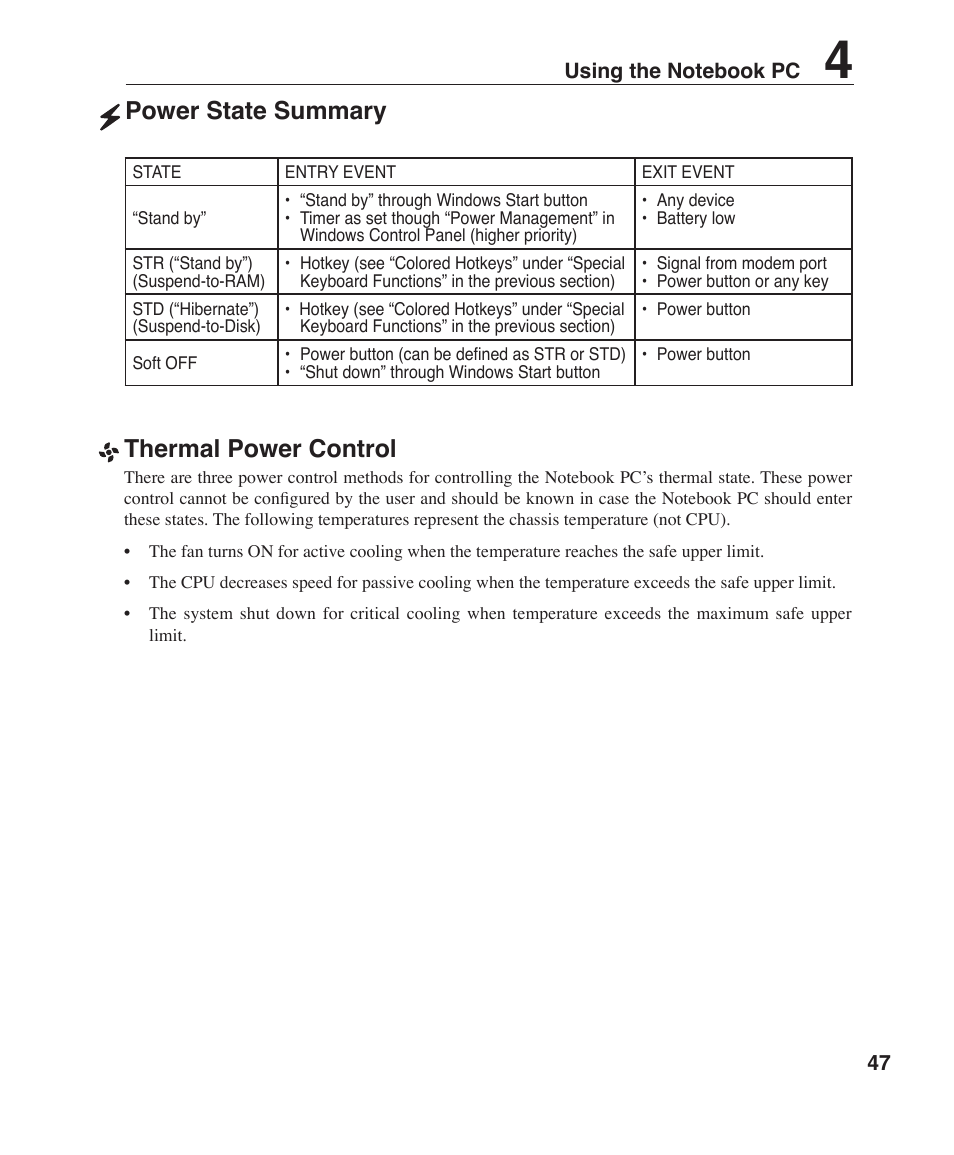 Thermal power control, Power state summary | Asus Z35F User Manual | Page 47 / 69