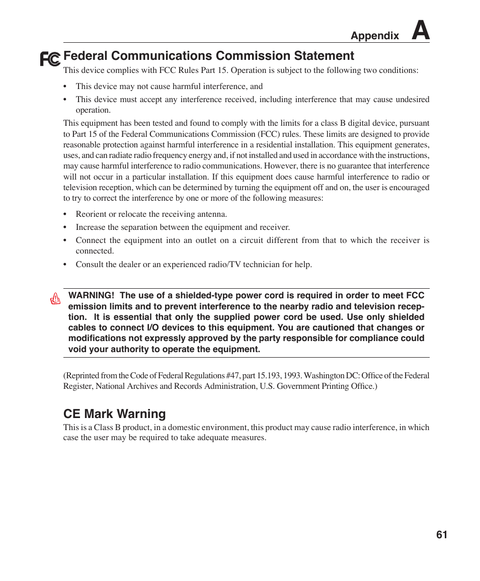 Federal communications commission statement, Ce mark warning | Asus Z35F User Manual | Page 61 / 69