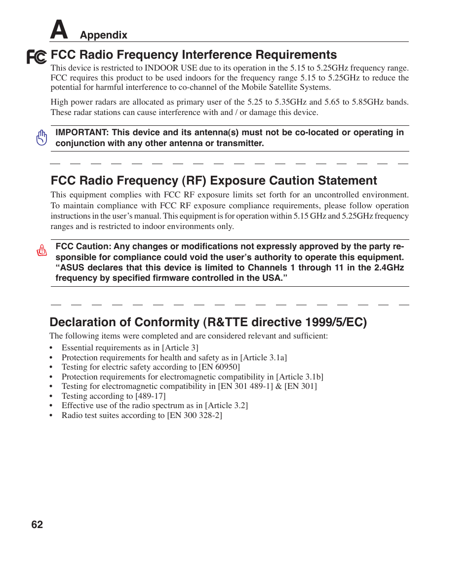 Fcc radio frequency interference requirements | Asus Z35F User Manual | Page 62 / 69