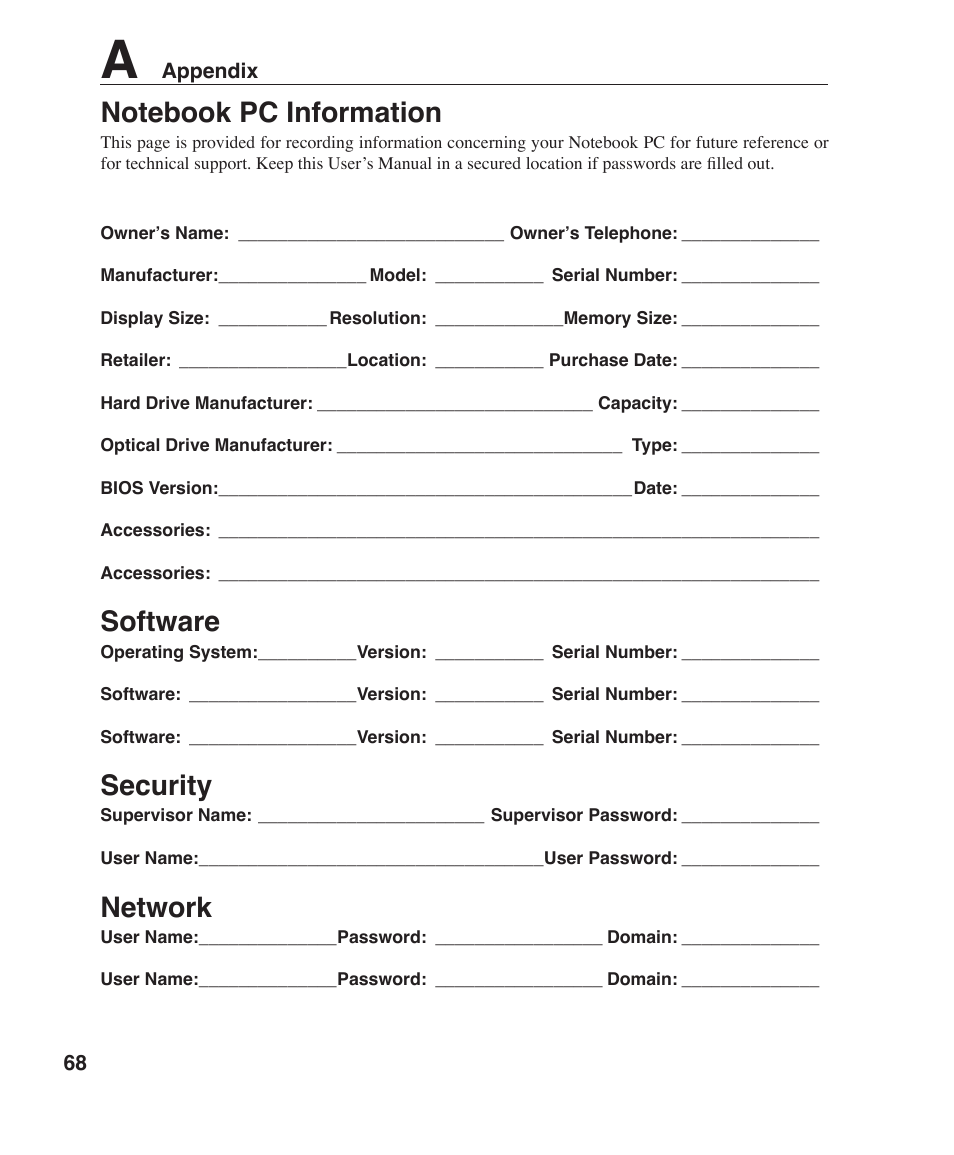 Software, Security, Network | Asus Z35F User Manual | Page 68 / 69