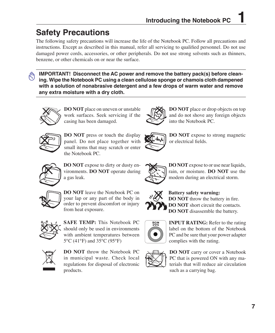 Safety precautions | Asus Z35F User Manual | Page 7 / 69