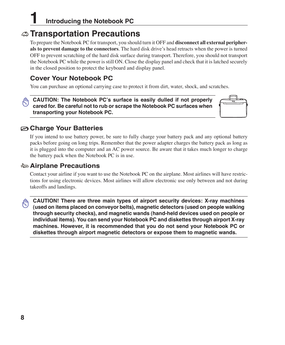 Transportation precautions | Asus Z35F User Manual | Page 8 / 69