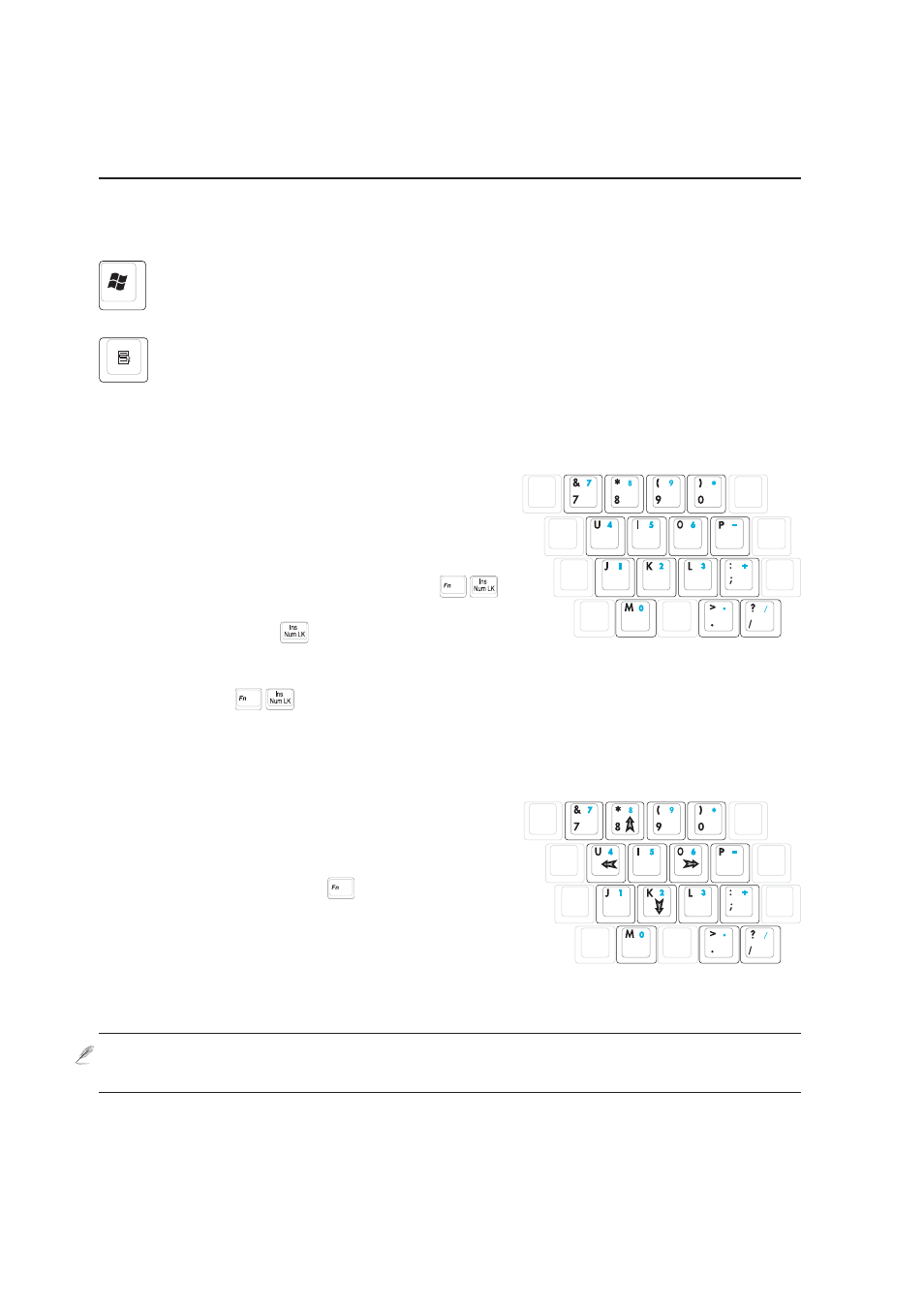 Keyboard as a numeric keypad, Microsoft windows™ keys, Keyboard as cursors | Asus A9T User Manual | Page 28 / 70