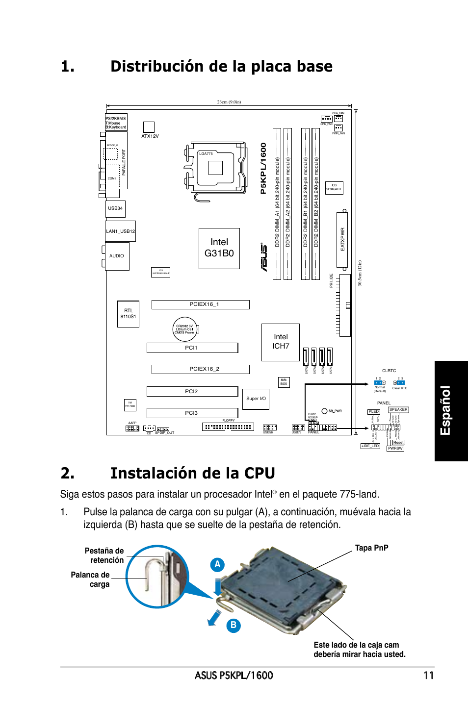 Español, Siga estos pasos para instalar un procesador intel, Intel g31b0 | Intel ich7 | Asus P5KPL/1600 User Manual | Page 11 / 38