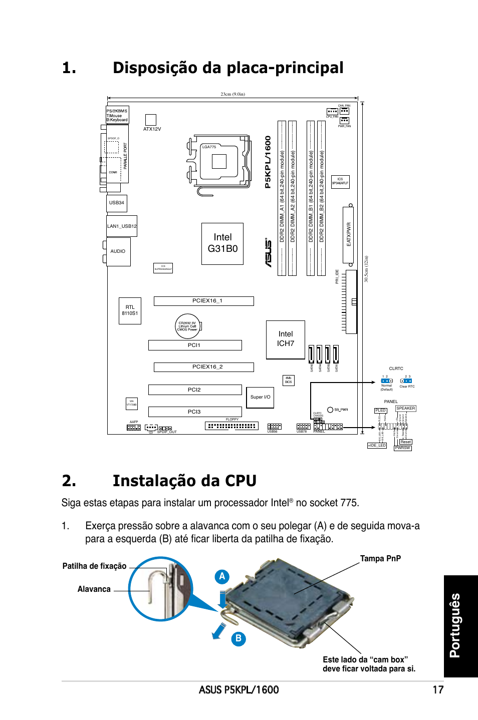 Disposição da placa-principal 2. instalação da cpu, Português, Intel g31b0 | Intel ich7 | Asus P5KPL/1600 User Manual | Page 17 / 38