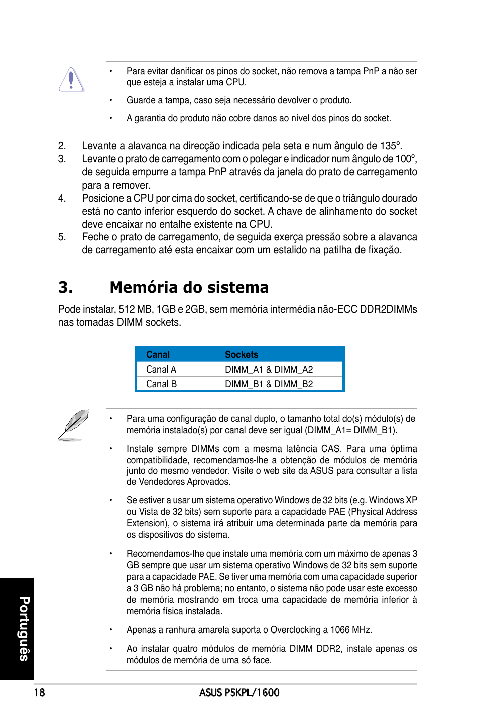 Memória do sistema, Português | Asus P5KPL/1600 User Manual | Page 18 / 38