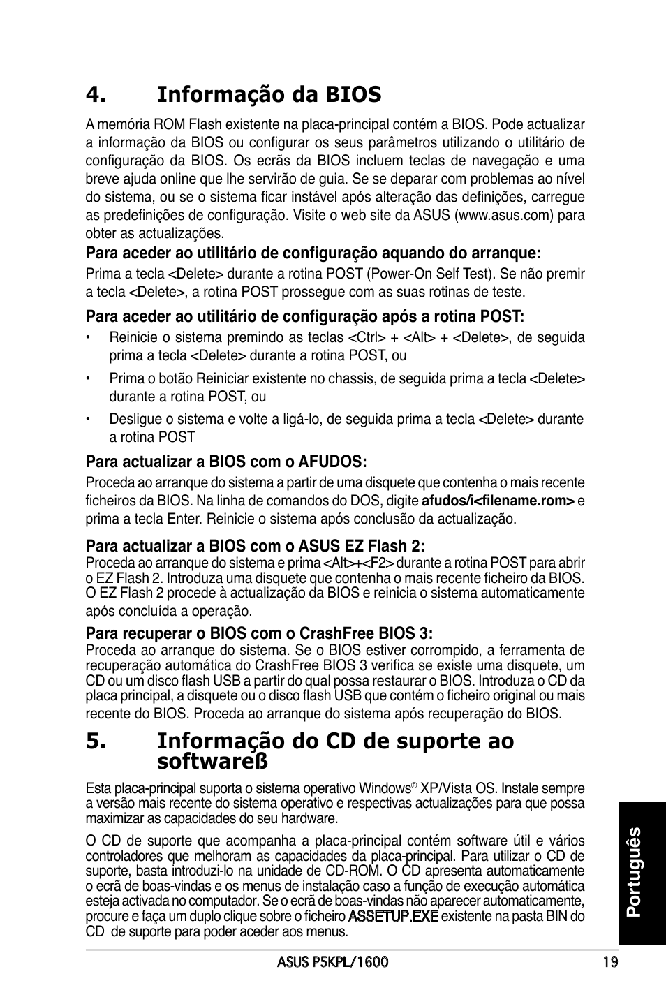 Informação da bios, Informação do cd de suporte ao softwareß, Português | Asus P5KPL/1600 User Manual | Page 19 / 38