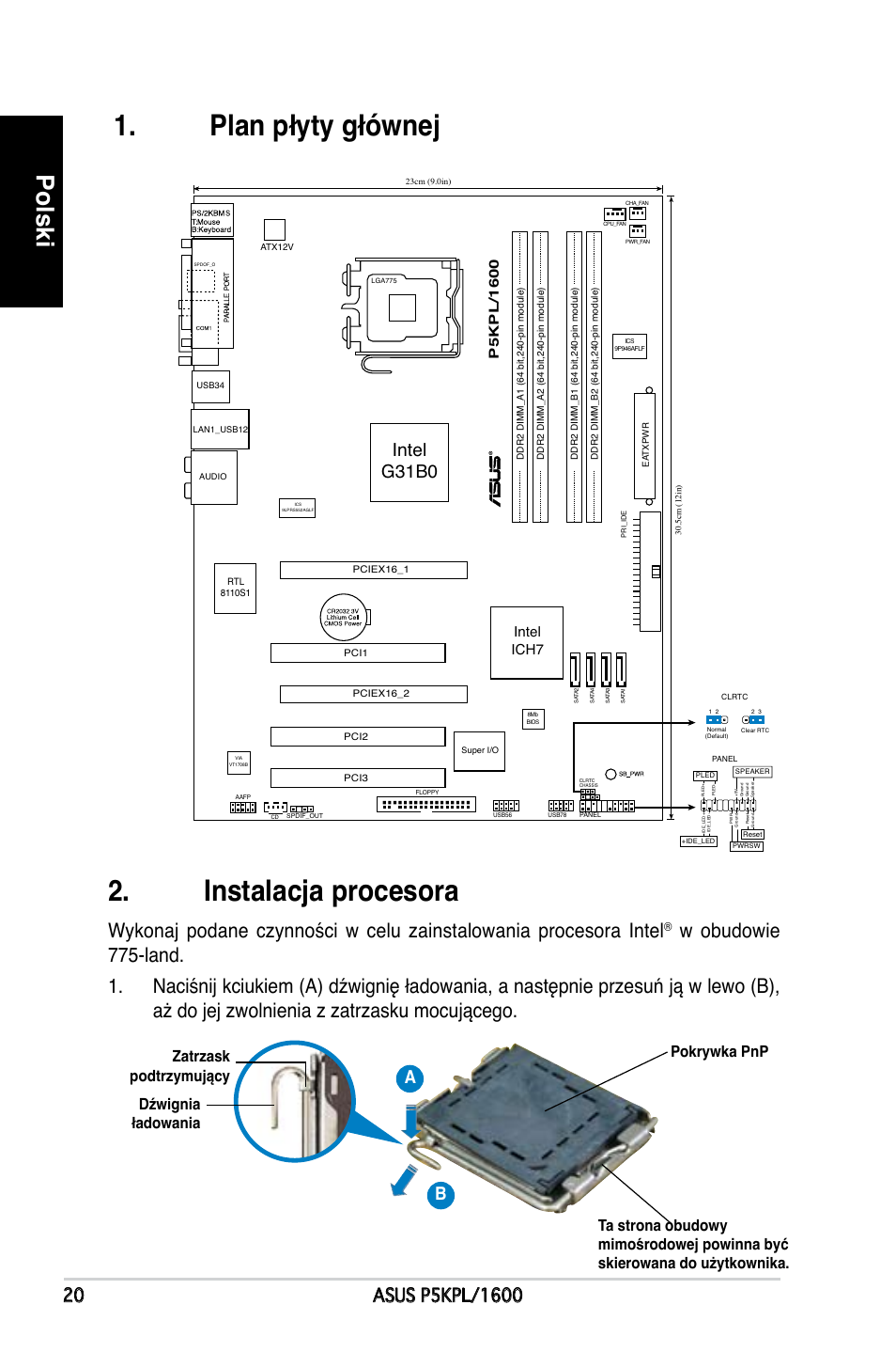 Plan płyty głównej 2. instalacja procesora, Polski, Intel g31b0 | Intel ich7 | Asus P5KPL/1600 User Manual | Page 20 / 38