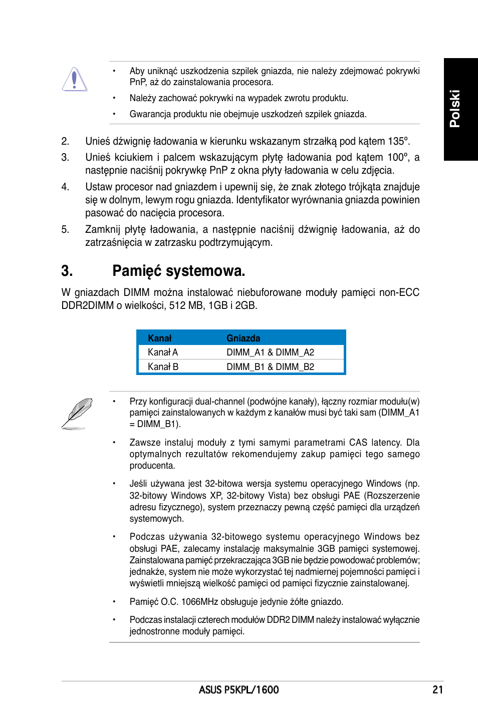 Pamięć systemowa, Polski | Asus P5KPL/1600 User Manual | Page 21 / 38