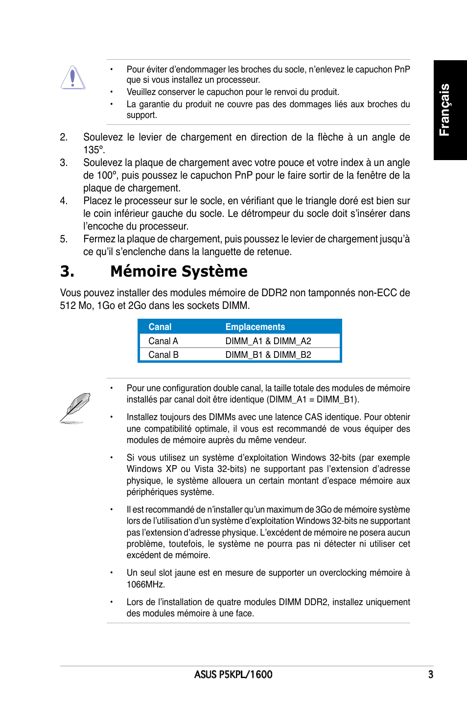 Mémoire système, Français | Asus P5KPL/1600 User Manual | Page 3 / 38