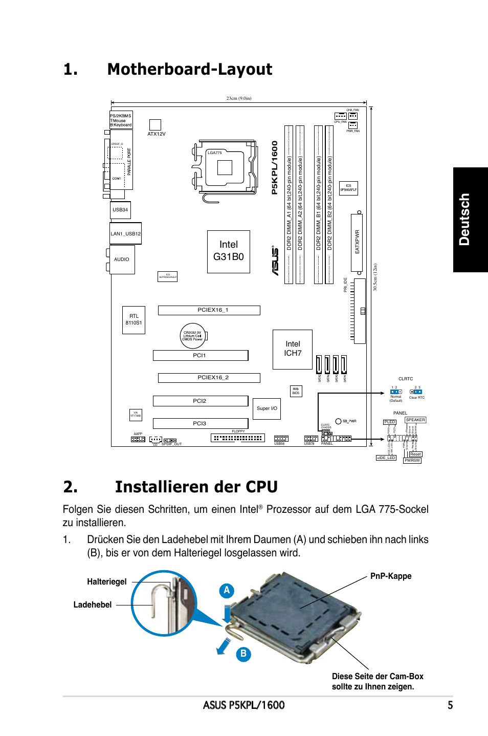 Motherboard-layout 2. installieren der cpu, Deutsch, Folgen sie diesen schritten, um einen intel | Intel g31b0, Intel ich7 | Asus P5KPL/1600 User Manual | Page 5 / 38