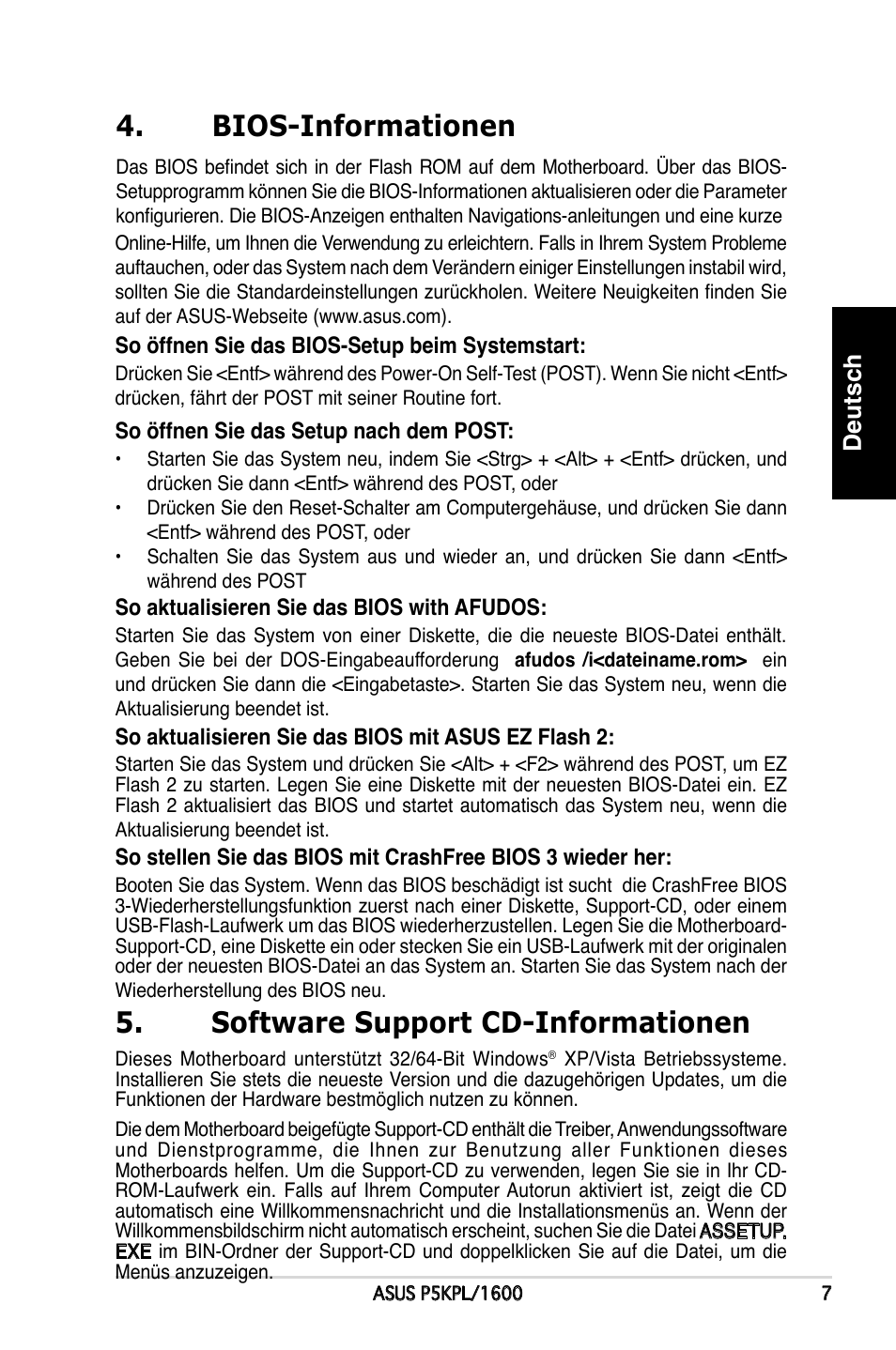 Software support cd-informationen, Bios-informationen, Deutsch | Asus P5KPL/1600 User Manual | Page 7 / 38