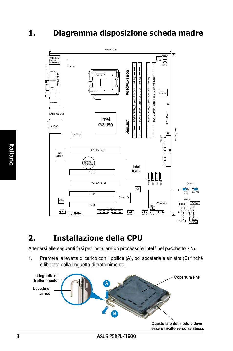 Italiano, Intel g31b0, Intel ich7 | Asus P5KPL/1600 User Manual | Page 8 / 38