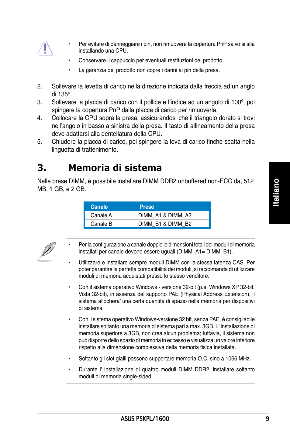 Italiano | Asus P5KPL/1600 User Manual | Page 9 / 38