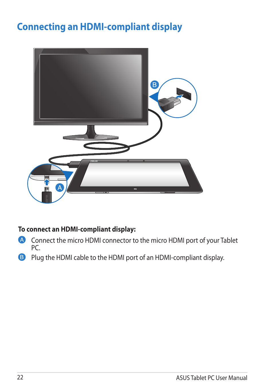 Connecting an hdmi-compliant display | Asus VivoTab RT User Manual | Page 22 / 78